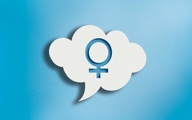 Female Gender Icon in White Cloud Speech Bubble on Blue