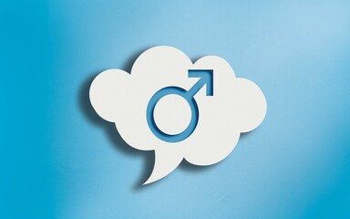 Male Gender Icon in White Cloud Speech Bubble on Blue