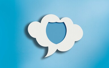 Shield Icon in White Cloud Speech Bubble on Blue