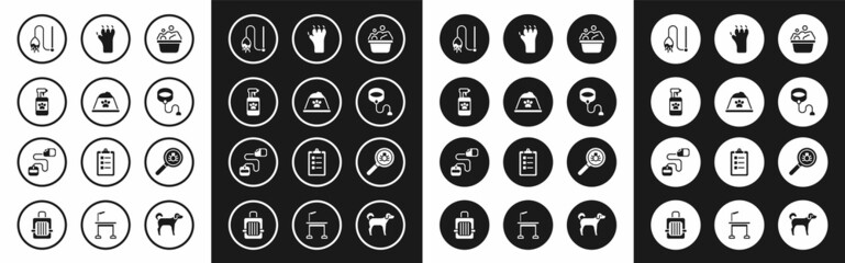 Set Pets bath, food bowl, shampoo, cat toy, Retractable cord leash, Paw print, Flea search and icon. Vector