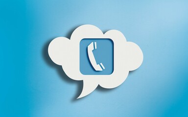 Telephone Icon in White Cloud Speech Bubble on Blue