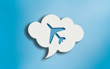 Airplane Symbol in White Cloud Speech Bubble on Blue