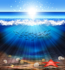 Underwater background with starfishl. vector illustration