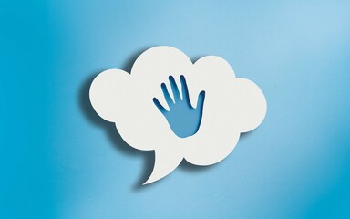 Human Hand Icon in White Cloud Speech Bubble on Blue