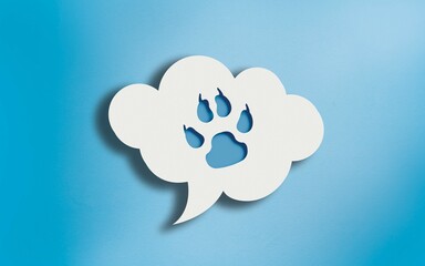 Dog Foot Print Icon in White Cloud Speech Bubble on Blue
