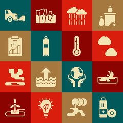 Set Battery, Wrecked oil tanker ship, Cloud, with rain, Bottle of water, Global warming, Car exhaust and Meteorology thermometer icon. Vector