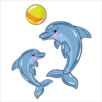 Mom dolphin is playing ball with a baby. Vector drawn illustration flat cartoon style.