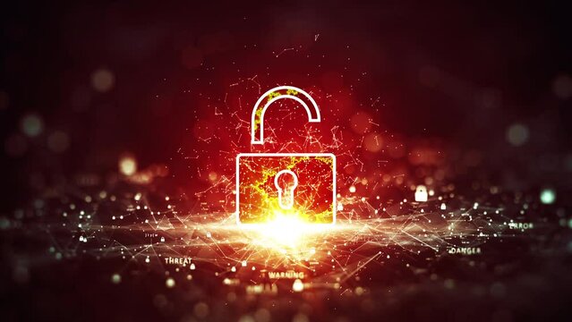 Technology concept is attacked, computer cybersecurity defense system is hacked or destroyed. Interfering internet network. The unlocked red padlock stands out in the center of a small binary polygon.