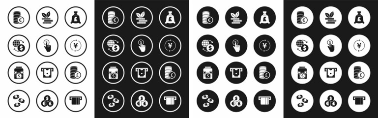 Set Coin money with pound, Hand holding coin, Money exchange, euro symbol, Yen, Dollar plant, and Glass jar icon. Vector