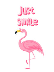 Cute beautiful pink flamingo with pink heart-shaped glasses and words - Just smile. Summer postcard or print for kids T-shirts. Vector illustration in a flat cartoon style on a white background.