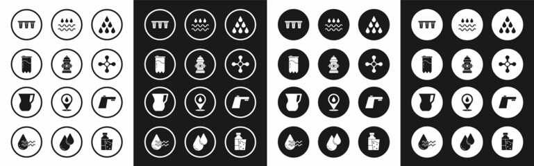 Set Water drop, Fire hydrant, filter cartridge, tap, Wave with water, and Jug glass icon. Vector - obrazy, fototapety, plakaty