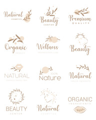 Natural cosmetics, organic, flower, healthcare, beauty, Wellbeing labels and stickers. Vector illustration for promotional material, web design, packaging design and more.