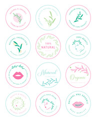 Set of natural cosmetics, organic, flower, healthcare, beauty, Wellbeing labels and stickers. Vector illustration for promotional material, web design, packaging design and more.