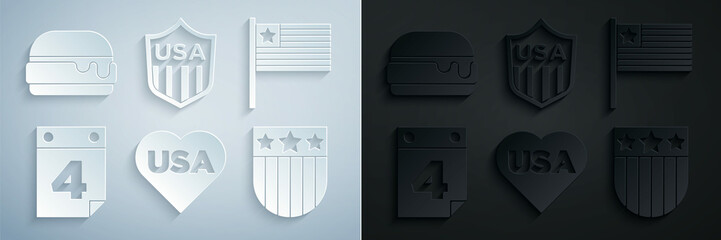 Set USA Independence day, American flag, Calendar with date July 4, Shield stars, and Burger icon. Vector