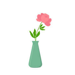 Green vase with peony flower. Design element for greeting card, invitation, stickers, postcard, poster, print. Isolated vector illustration 