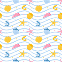 Seamless pattern with starfish, nautilus, seashells and pearls. Marine animals. Vector illustration in a flat cartoon style on a white background with blue texture waves.For summer, beach accessories