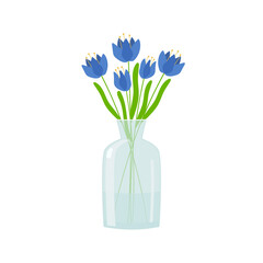 Glass vase with blue flowers. Cartoon glass bottle. Isolated vector illustration 