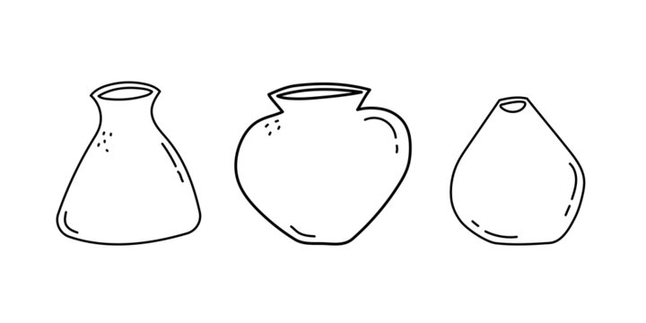 Set of hand drawn line art vases. Doodle clay pottery collection. Isolated vector illustration 