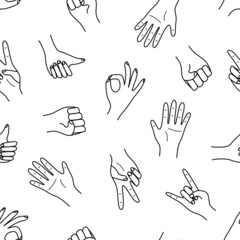 Seamless pattern Hand gestures, vector illustration set of icons of various hand signs.
