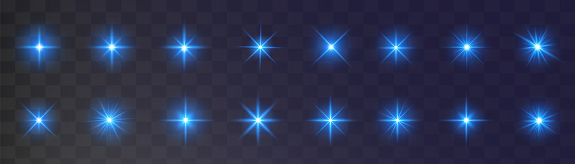 Set of glowing light stars with sparkles. Transparent shining sun, star explodes and bright flash. Blue bright illustration starburst.