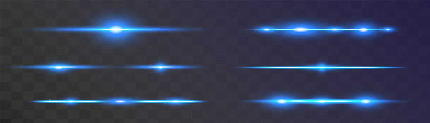 Set of blue horizontal lens flares pack. Abstract light flares, laser beams, sparkling lined, horizontal light rays. Vector illustration.