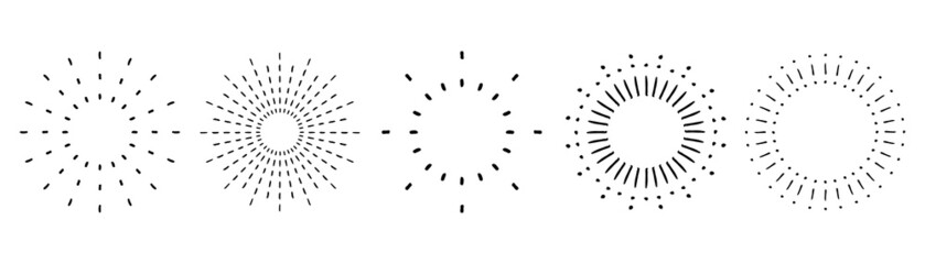 Sunburst set. Vintage sunrise collection.  Vector light rays elements. Firework explosion, stars, emblem, logo, tag. Vector Illustration 