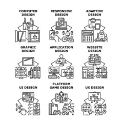 Graphic Design Set Icons Vector Illustrations. Graphic Design And Platform Game, Smartphone Application And Computer Software, Ui And Ux, Responsive And Adaptive Black Illustration