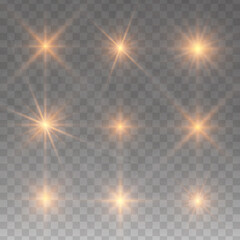 Set of glowing light stars with sparkles. Transparent shining sun, star explodes and bright flash. Gold bright illustration starburst.