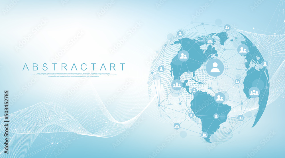 Poster Social network communication in the global computer networks. Internet technology. Global network connection concept. Vector illustration.