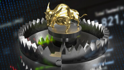 gold bull and trap for business concept 3d rendering - obrazy, fototapety, plakaty