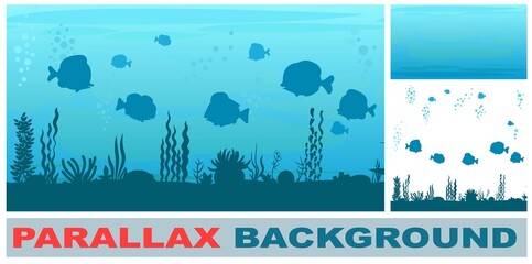 Bottom of reservoir with fish. Set parallax effect. Silhouette. Blue water. Sea ocean. Underwater landscape with animals, plants, algae and corals. Illustration in cartoon style. Flat design. Vector