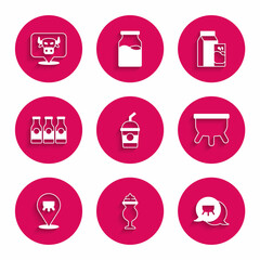 Set Milkshake, Udder, Bottle with milk, Paper package for kefir and Cow head icon. Vector