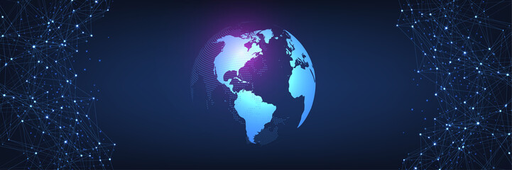 Global network connection concept. Big data visualization. Social network communication in the global computer networks. Internet technology. Business. Science. Vector illustration