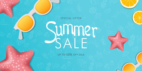 Summer sale colorful banner background with beach vibes decorate. Vector Illustration.