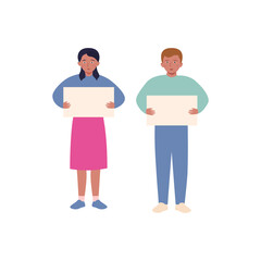 Boy and girl with posters in their hands. Flat vector illustration.