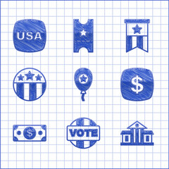 Set Balloons, Vote, White House, Dollar symbol, Stacks paper money cash, Medal with star, American flag and USA Independence day icon. Vector