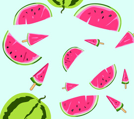 Watermelon vector pattern. Whole and slice of watermelon. Associates with summer, weekend, fresh berry.