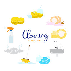 Cleaning vector icon set. Housework concept. Housekeeping kitchen -  cleaning supplies, bottles, spray, sponge, brush, clean dishes, clean sink and more tools.
