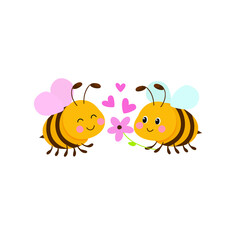 Vector illustration of cute cartoon bee, flower and heart sign symbol on white background.