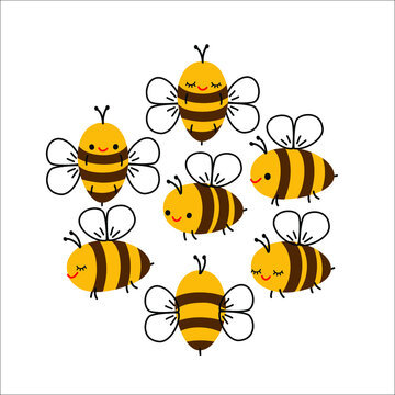 Vector illustration of cute cartoon bees on white background. Insect character.