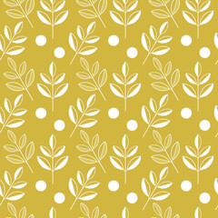 White leaves, branches and dots on yellow background. Vector seamless pattern. Graphic leaf illustration. Retro floral wallpaper. Botanical texture backdrop. Template for print, design, banner, card.
