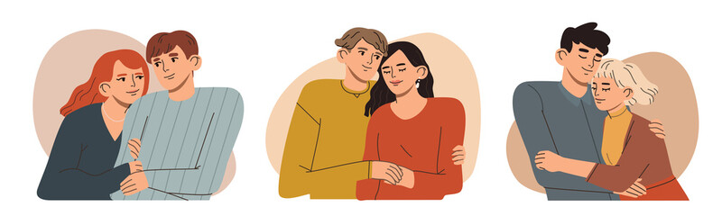 Set of portraits with cute couples in love. Young man and woman looking at each other. Hand drawn vector colorful funny cartoon style illustration. 