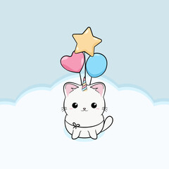 Ręcznie rysowany mały biały kotek z rogiem jednorożca na jasnym niebieskim tle. Kot i kolorowe baloniki. Wektorowa ilustracja zadowolonego, siedzącego kota. Słodki, uroczy zwierzak.	 - obrazy, fototapety, plakaty