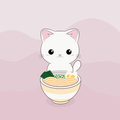 Uroczy biały kot siedzący przed miską z zupą. Mały kotek i ramen. Wektorowa ilustracja. - obrazy, fototapety, plakaty