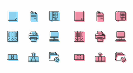 Set line Laptop and cross mark on screen, File document, Folder settings with gears, Printer, Computer monitor keyboard, Office folders papers documents and Note pinned pushbutton icon. Vector