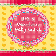 card design for baby girl in pink on a yellow background