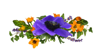 Blue anemome flower, orange ornithogalum, lavender and ivy leaves in a floral arrangement isolated