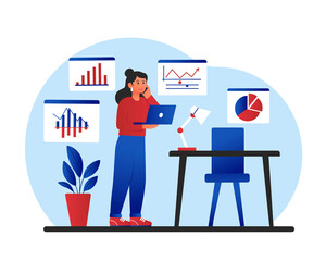 Statistic metrics concept. Girl with laptop on background of graphs and dagrams. Analytical department marketing research. Employee evaluates performance of company. Cartoon flat vector illustration