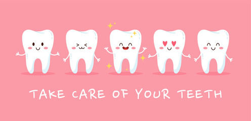 Cute teeth poster with happy cartoon characters, flat vector illustration on pink background.