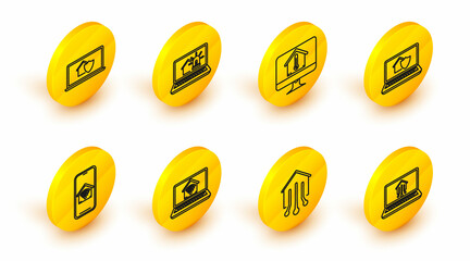 Set line Laptop with smart home, Smart, wi-fi, Mobile phone, house under protection, Computer monitor temperature, and alarm and icon. Vector